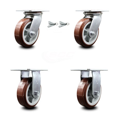 Service Caster 6 Inch Polyurethane Caster Set with Ball Bearing 2 Swivel Lock and 2 Rigid SCC SCC-35S620-PPUB-BSL-2-R-2
